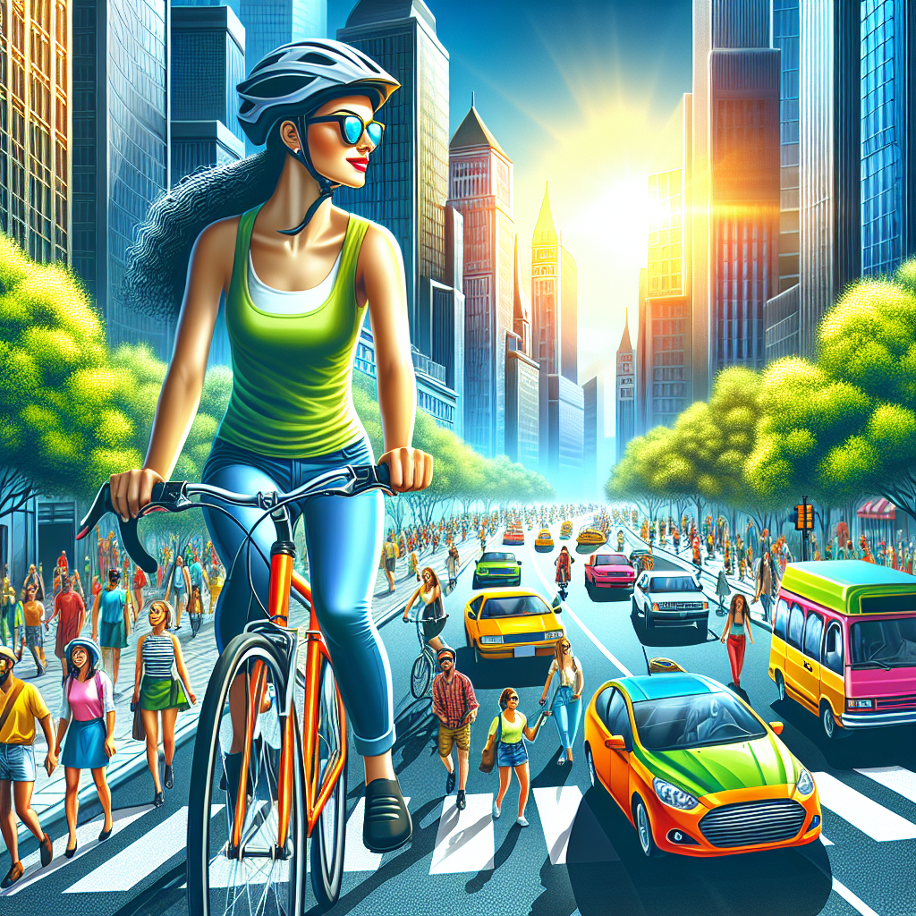 Confident Hispanic female cyclist navigating through bustling city streets under bright blue skies.