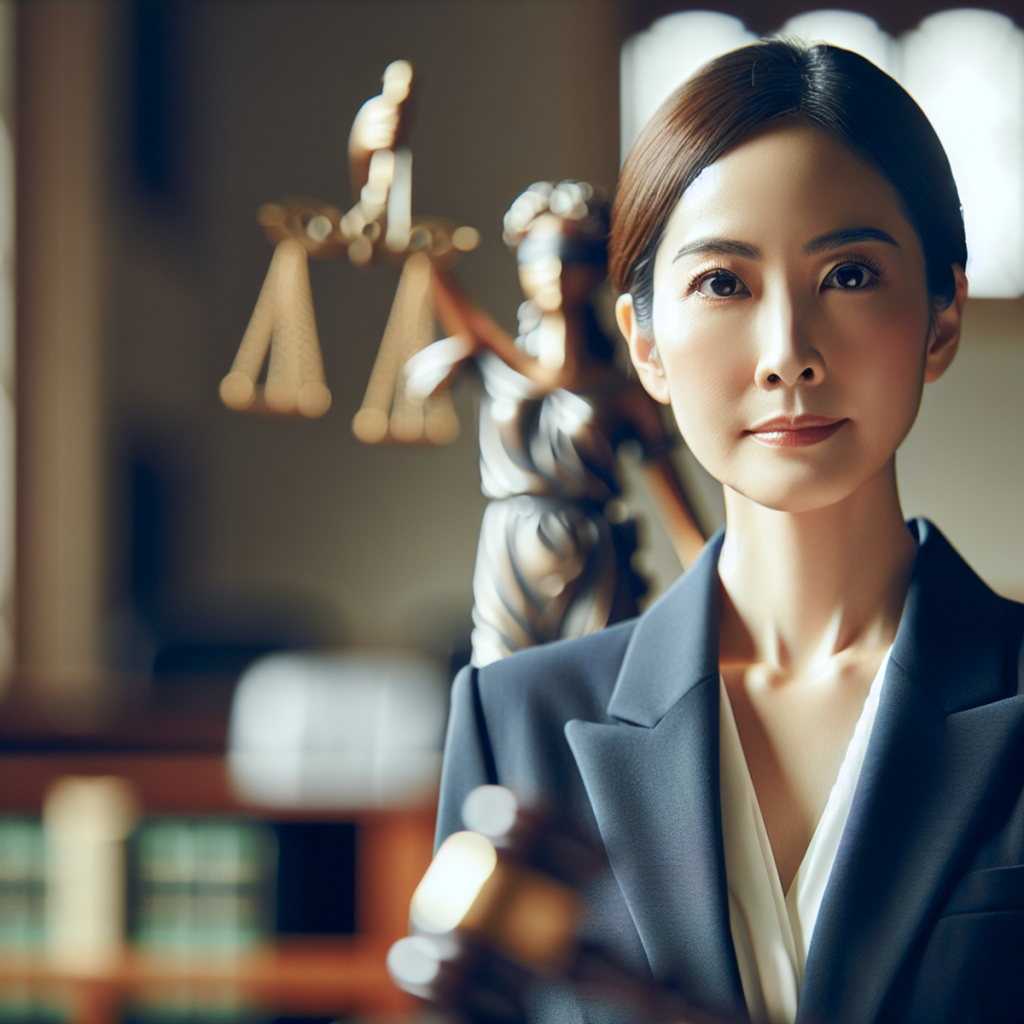 A female lawyer standing in a courtroom, exuding determination and compassion.